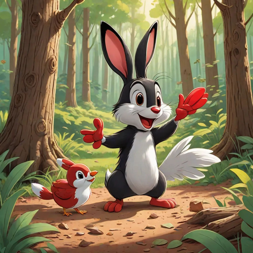 a rabbit and a bird in a forest with trees and grass and leaves on the ground and a bird on the ground, David Brewster, furry art, a character portrait, official art
