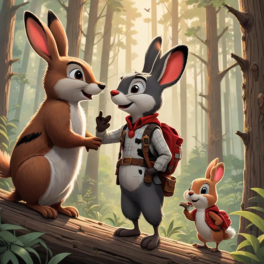 a rabbit and a rabbit are standing on a log in the woods, one of them is giving another rabbit a hand, Chris LaBrooy, furry art, a storybook illustration, promotional image