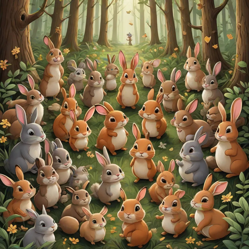 a group of rabbits in a forest with trees and flowers in the background, with a person standing in the middle of the picture, Chris LaBrooy, furry art, a storybook illustration, rossdraws global illumination