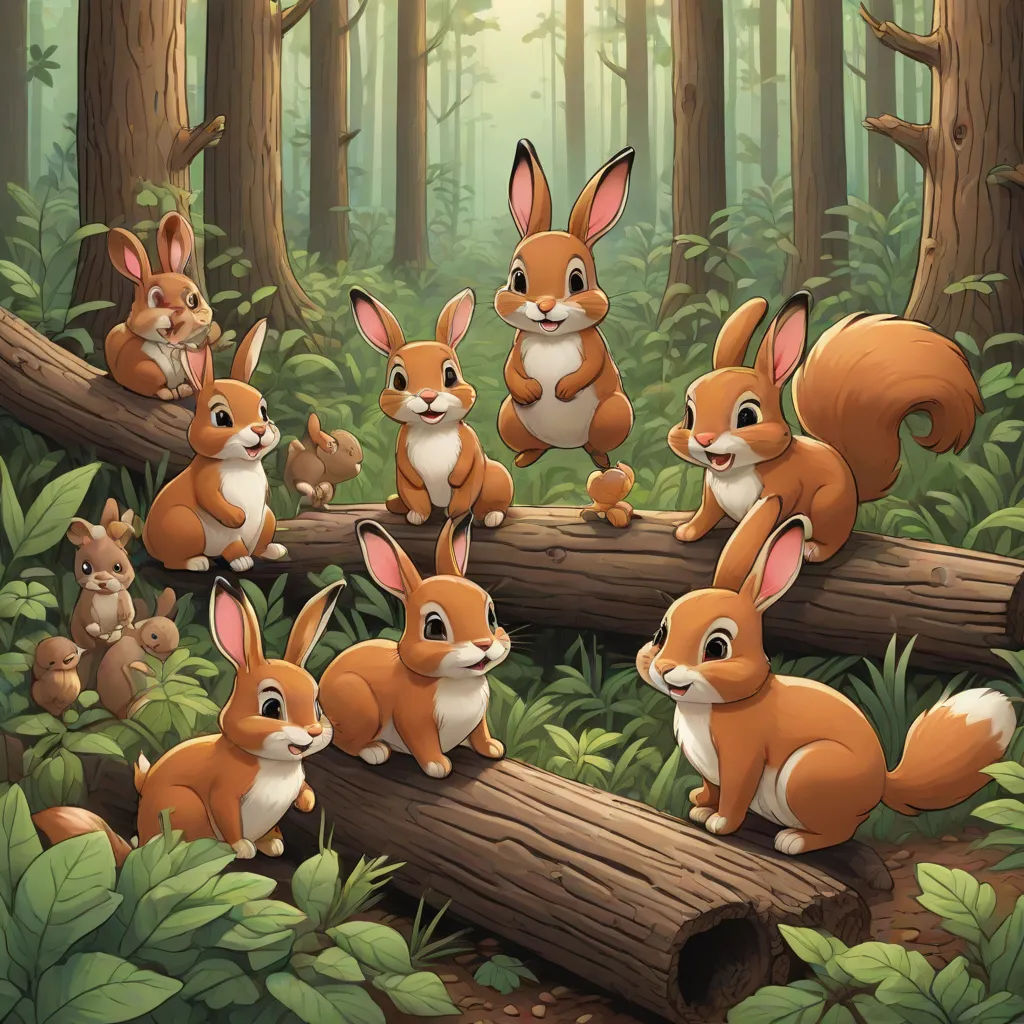a group of rabbits sitting on a log in the forest with a forest background and a forest scene with trees and grass, Chris LaBrooy, furry art, a storybook illustration, rossdraws global illumination