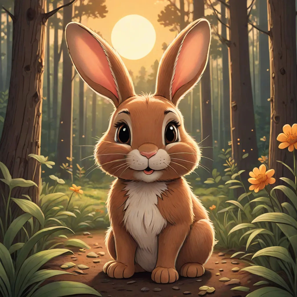 a rabbit sitting in the middle of a forest with flowers around it and a sun in the background with a forest scene, Dan Mumford, furry art, a character portrait, rossdraws global illumination