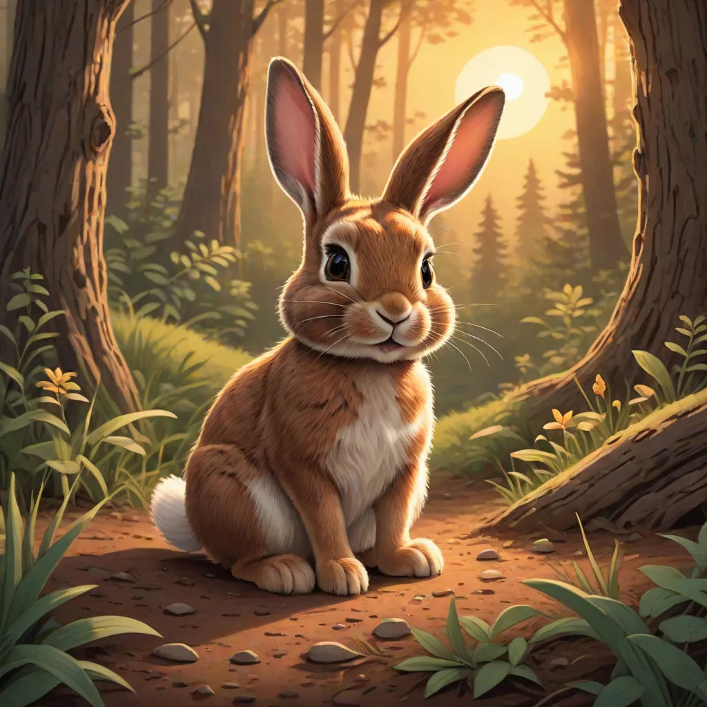 a painting of a rabbit sitting in the woods at sunset with the sun shining through the trees behind it, Chris LaBrooy, furry art, a storybook illustration, rossdraws global illumination