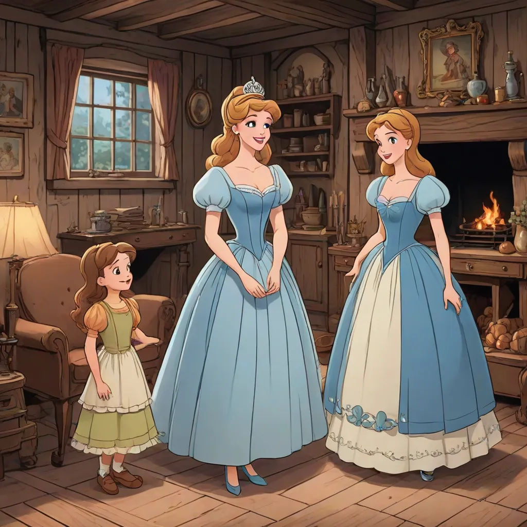 a cartoon of a woman and a girl in dresses standing in a living room with a fireplace and a man in a chair, remodernism, a storybook illustration, disney, official art