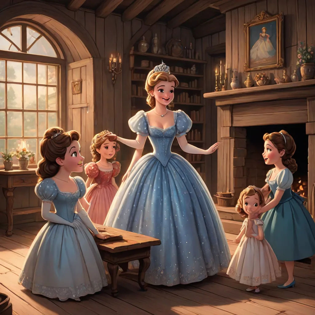 a group of princesses standing around a table in a room with a fireplace and a man in a suit, sots art, a storybook illustration, disney, official art