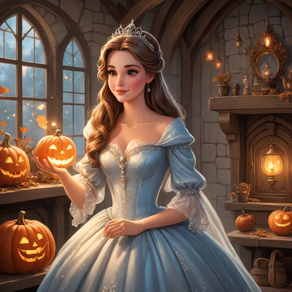 a beautiful young lady dressed in a blue dress holding a pumpkin in front of a castle window with pumpkins, fantasy art, a storybook illustration, disney, kinkade