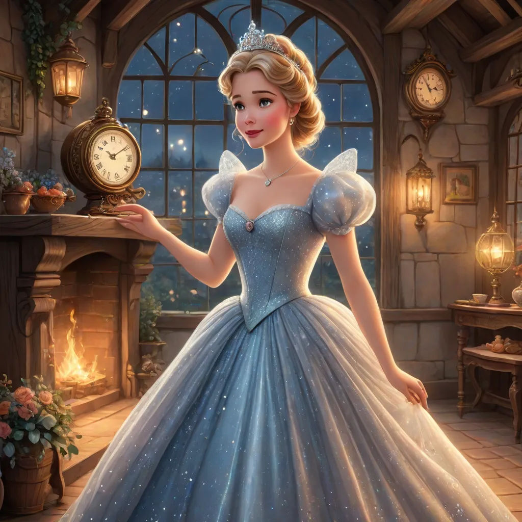 a beautiful young lady in a blue dress holding a clock in a room with a fireplace and a clock, magical realism, a storybook illustration, Alice Prin, rossdraws global illumination
