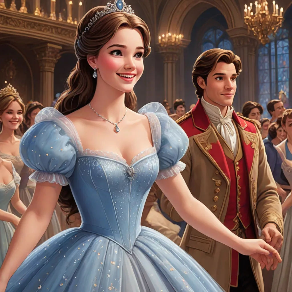 a man and woman in a blue dress are standing next to each other in a ballroom with other people, magical realism, a storybook illustration, disney, official art