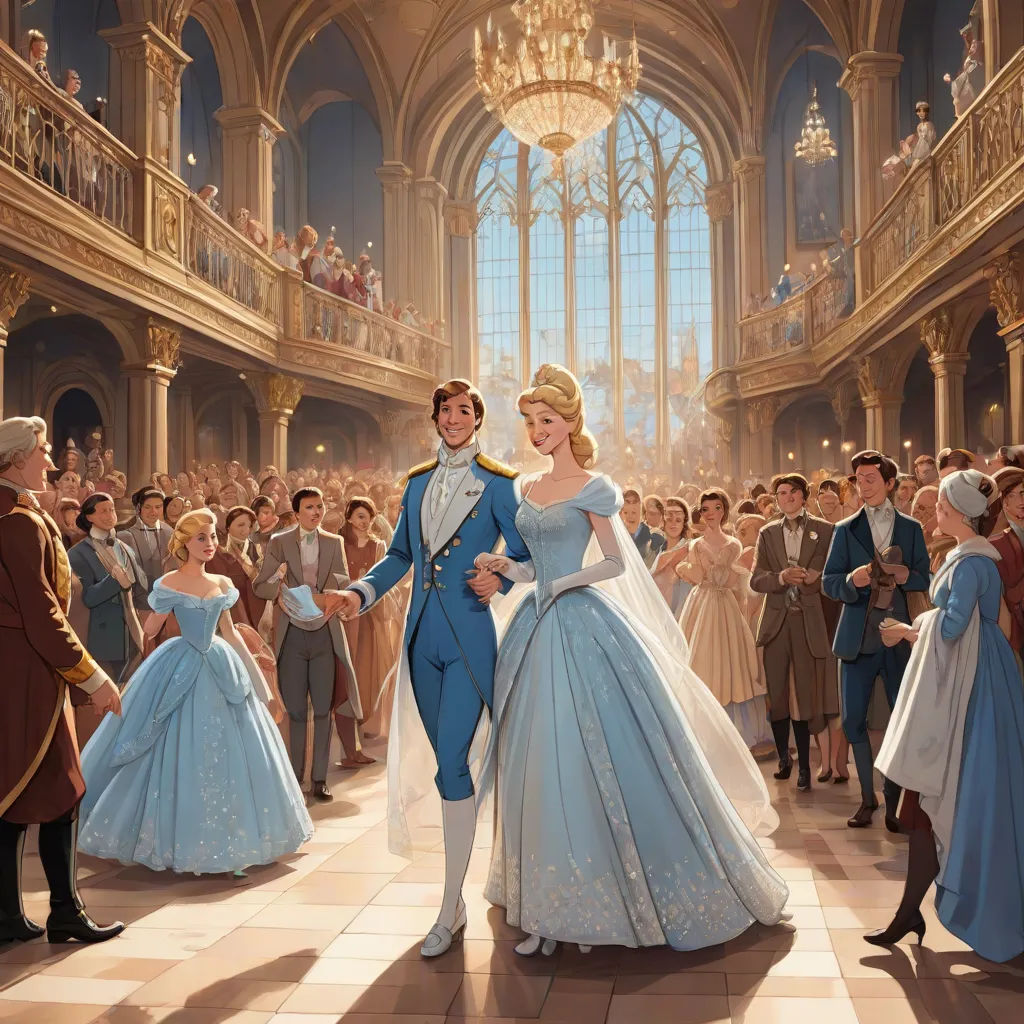 a painting of a man and woman in a ballroom with a crowd of people in the background wearing blue dresses, magical realism, a storybook illustration, Brothers Hildebrandt, rossdraws global illumination