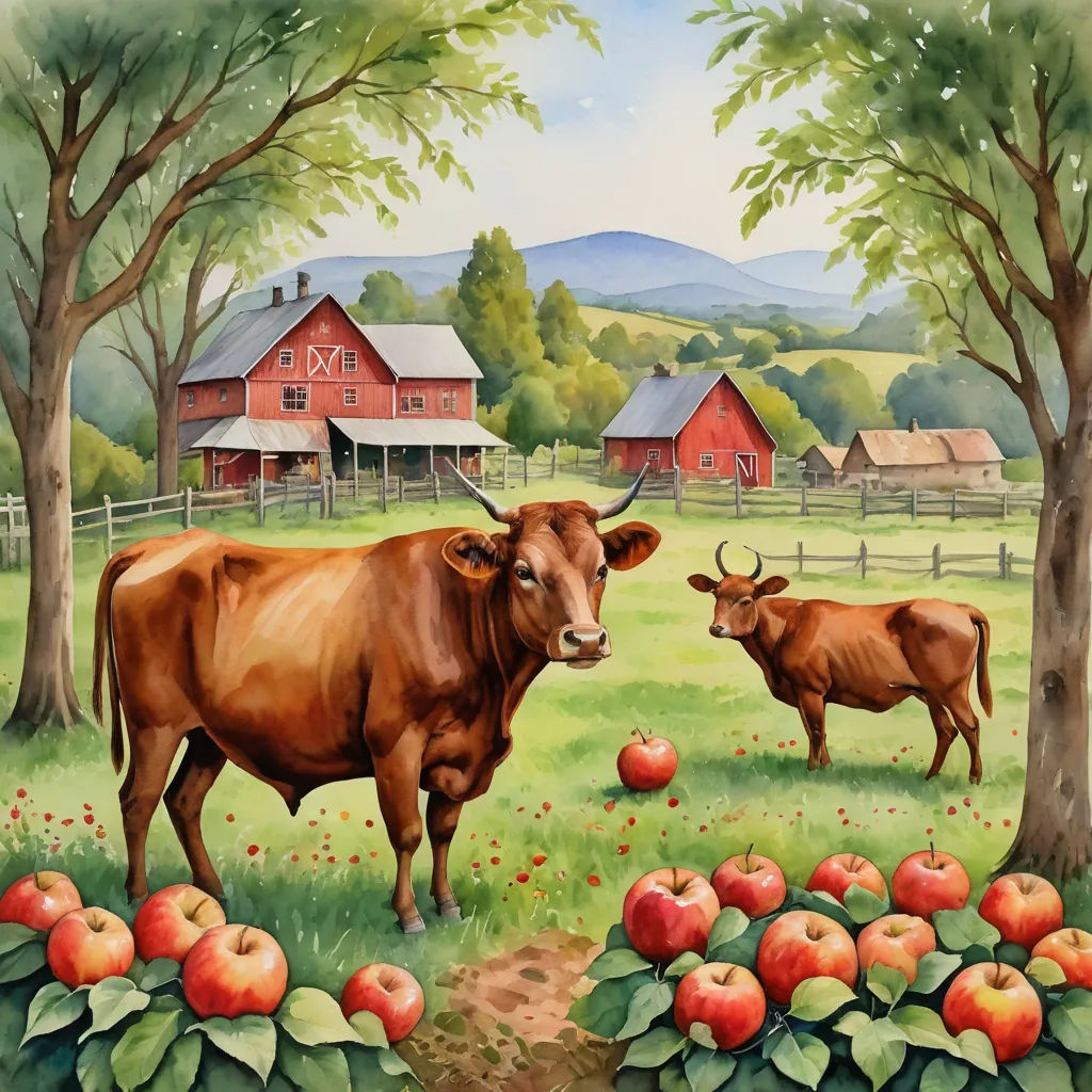 a painting of two cows in a field with apples in front of a barn and farm buildings in the background, american scene painting, a storybook illustration, Bessie Wheeler, highly detailed digital painting