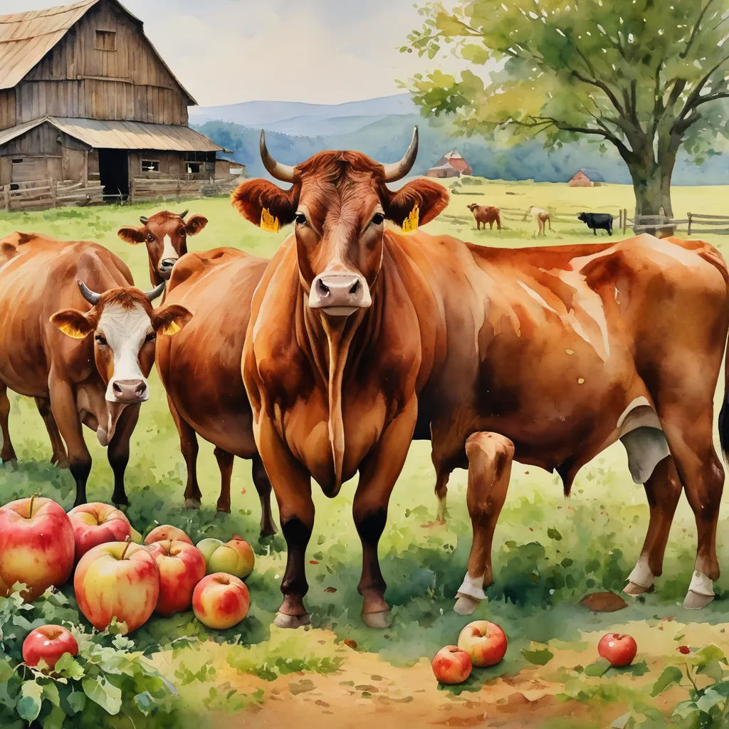 a painting of cows standing in a field with apples and a barn in the background with a barn in the background, folk art, an airbrush painting, Bessie Wheeler, highly detailed digital painting