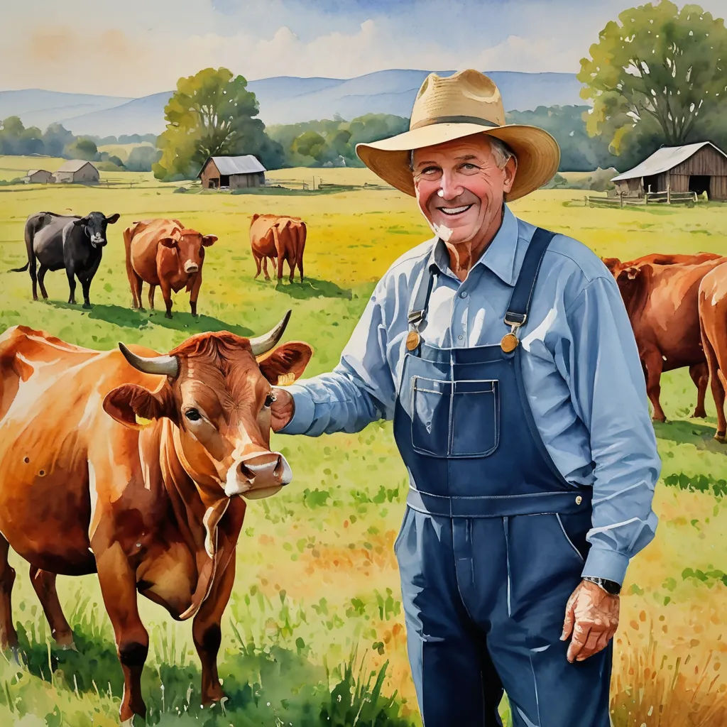 a painting of a man in overalls and a hat standing in a field with cows in the background, american scene painting, an airbrush painting, David Simpson, in gouache detailed paintings