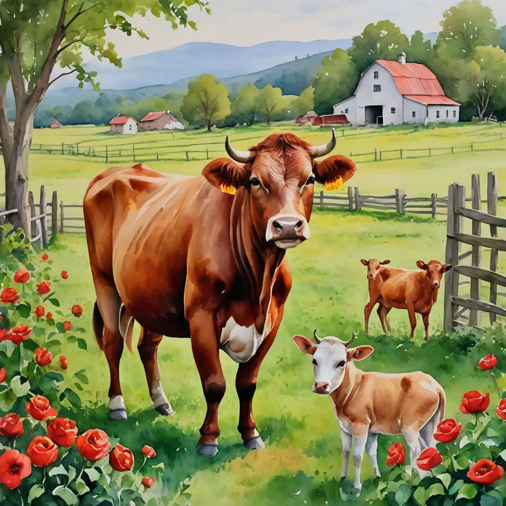 a painting of a cow and her calf in a field of flowers and poppies with a barn in the background, folk art, a storybook illustration, Bessie Wheeler, highly detailed oil painting
