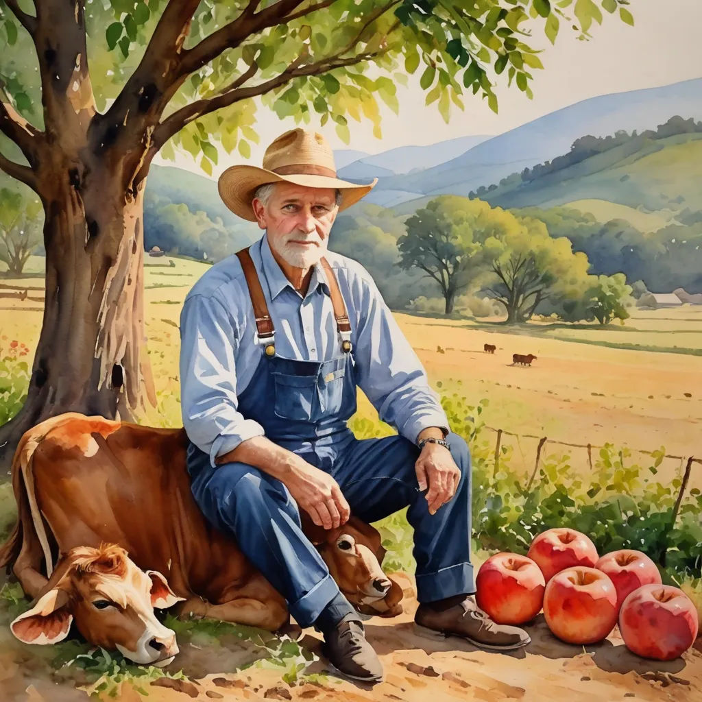 a painting of a man sitting next to a cow and apples under a tree with mountains in the background, american scene painting, a storybook illustration, Bob Singer, in gouache detailed paintings