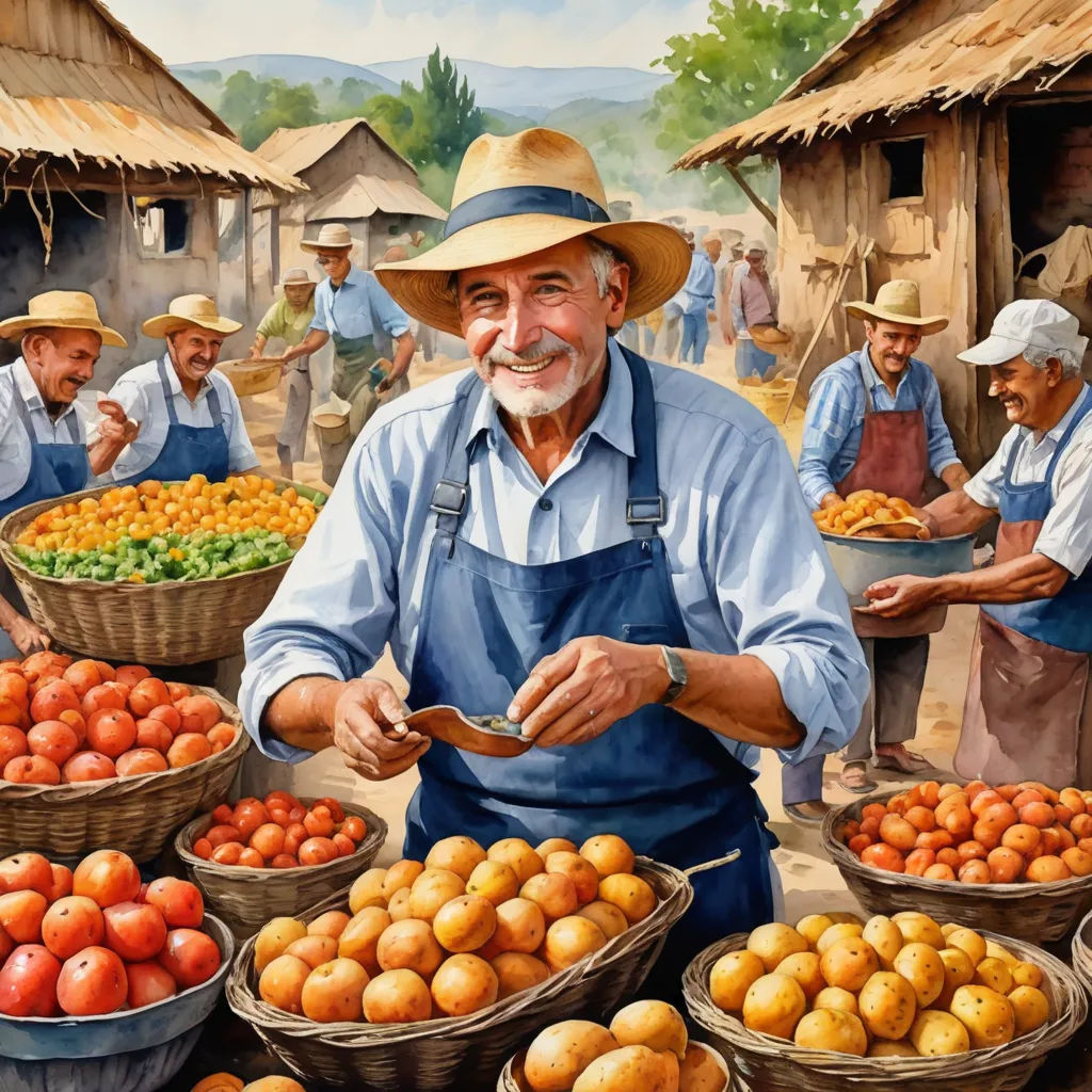 a painting of a man selling fruit at a market place with other men in the background and a woman in the foreground, figurative art, a storybook illustration, Bob Byerley, highly detailed digital painting