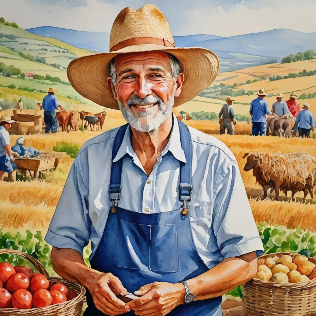 a painting of a farmer holding a basket of tomatoes and a basket of tomatoes in front of a painting of a farmer, folk art, an ultrafine detailed painting, Bob Byerley, public works mural