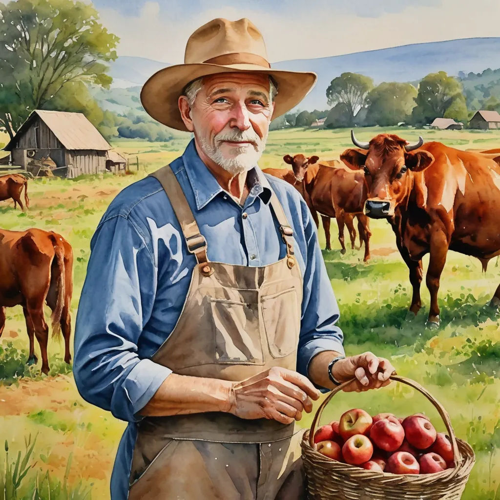 a painting of a man holding a basket of apples in front of a herd of cows in a field, folk art, an ultrafine detailed painting, Bob Ringwood, highly detailed digital painting