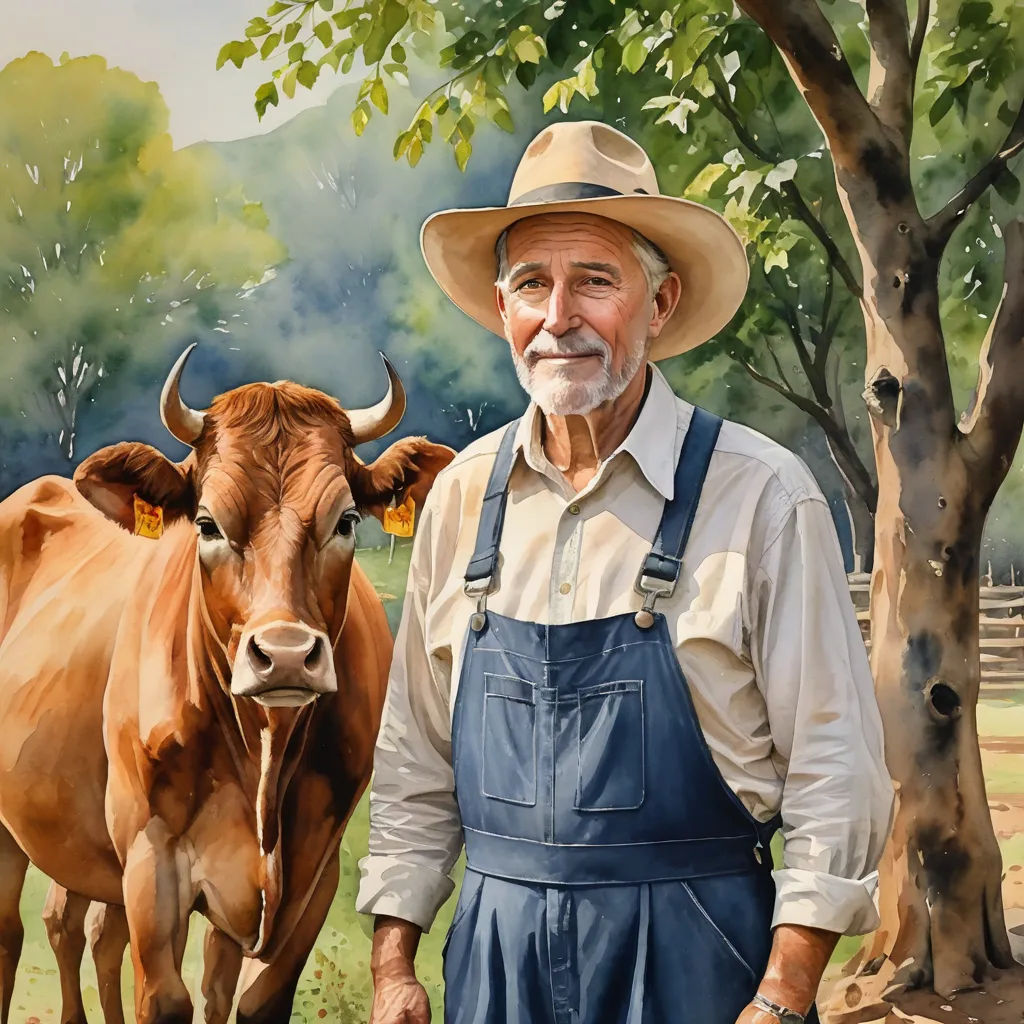 a painting of a man standing next to a cow in a field with trees in the background and a painting of a cow behind him, american scene painting, an ultrafine detailed painting, Balcomb Greene, in gouache detailed paintings