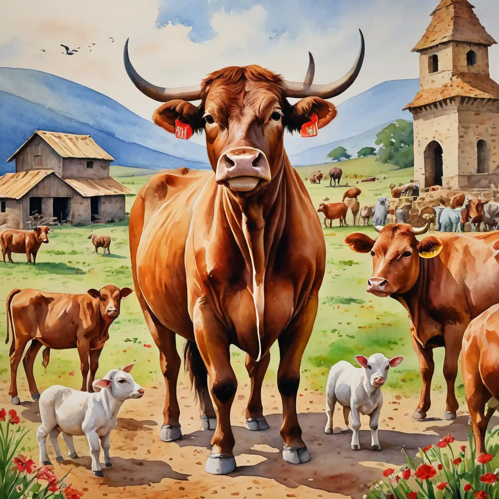 a painting of a cow and her babies in a field with a church in the background and a bird flying overhead, synthetism, an ultrafine detailed painting, Christophe Vacher, in gouache detailed paintings