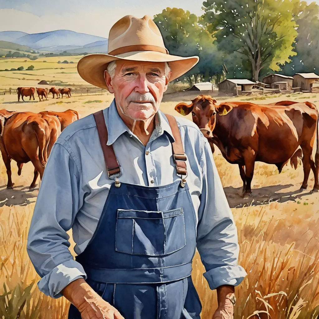 a painting of a man in overalls and a cowboy hat standing in a field with cows in the background, american scene painting, a photorealistic painting, Douglas Robertson Bisset, in gouache detailed paintings