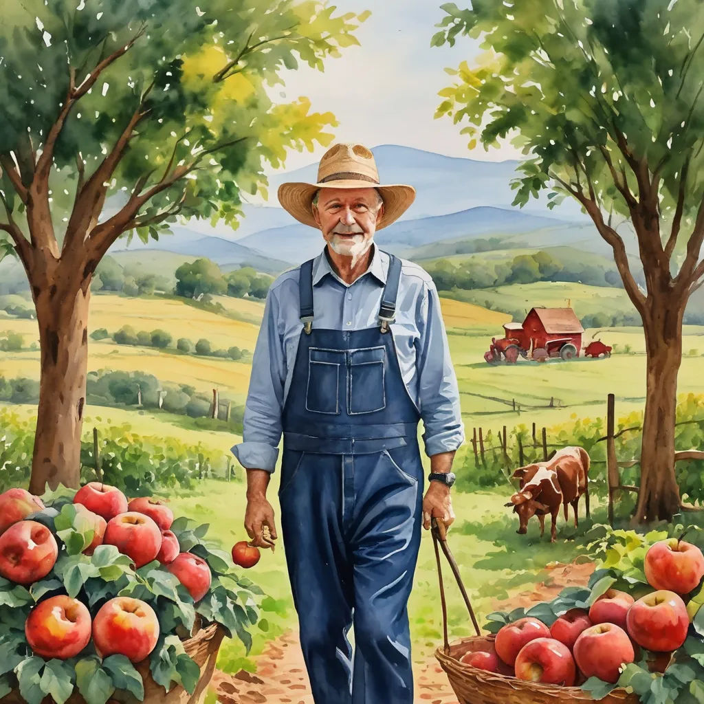 a painting of a man with a basket of apples in a farm field with a farm scene in the background, american scene painting, a storybook illustration, Bob Byerley, highly detailed digital painting