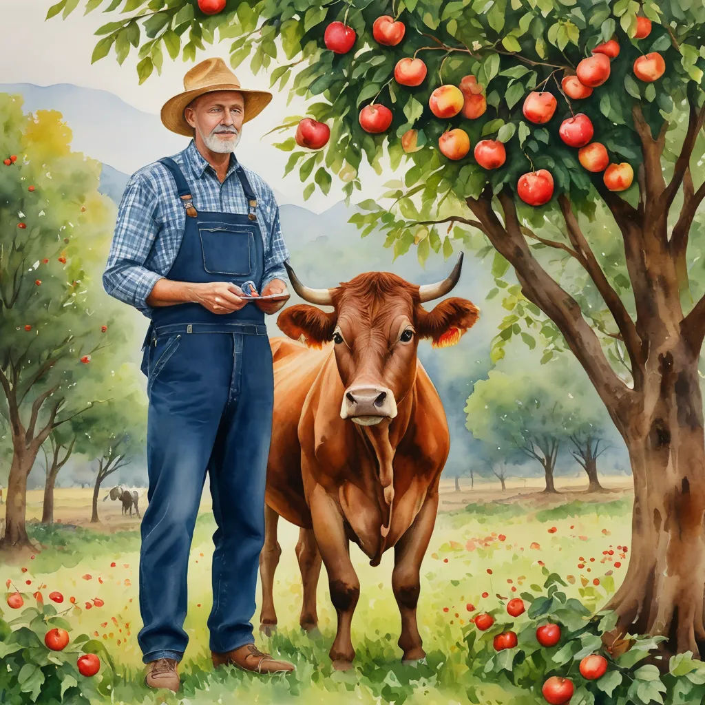 a painting of a man standing next to a cow under a tree with apples on it's branches, folk art, a storybook illustration, Bourgeois, highly detailed digital painting