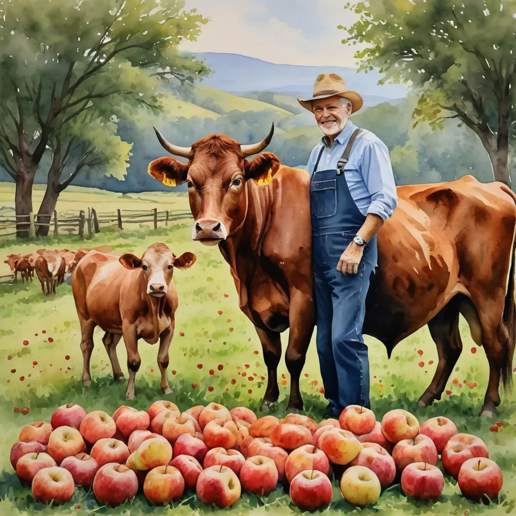 a painting of a man standing next to a cow and a pile of apples in a field with other cows, american scene painting, an ultrafine detailed painting, Bob Singer, in gouache detailed paintings