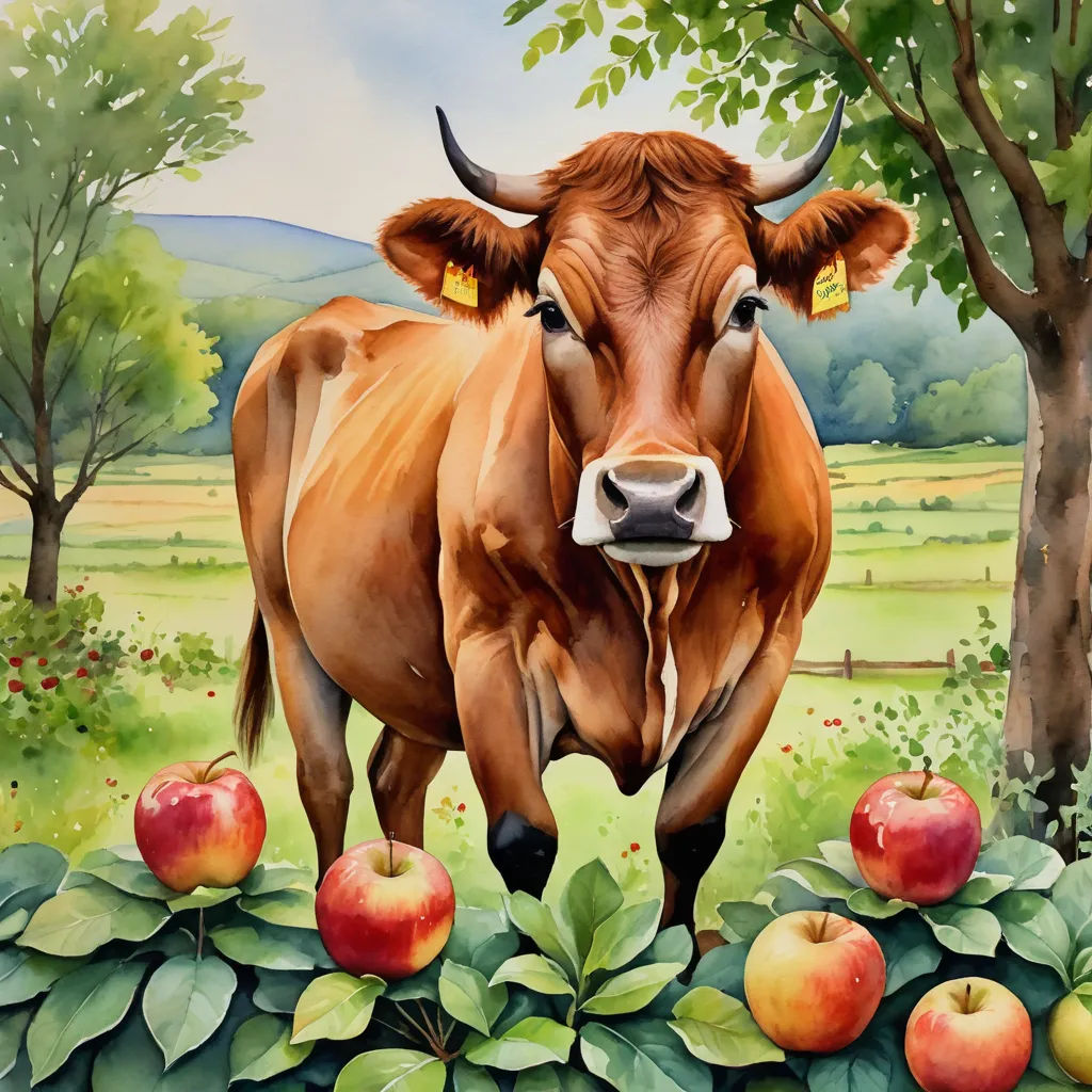 a painting of a cow standing in a field with apples in front of it and a mountain in the background, folk art, an airbrush painting, Bessie Wheeler, highly detailed digital painting