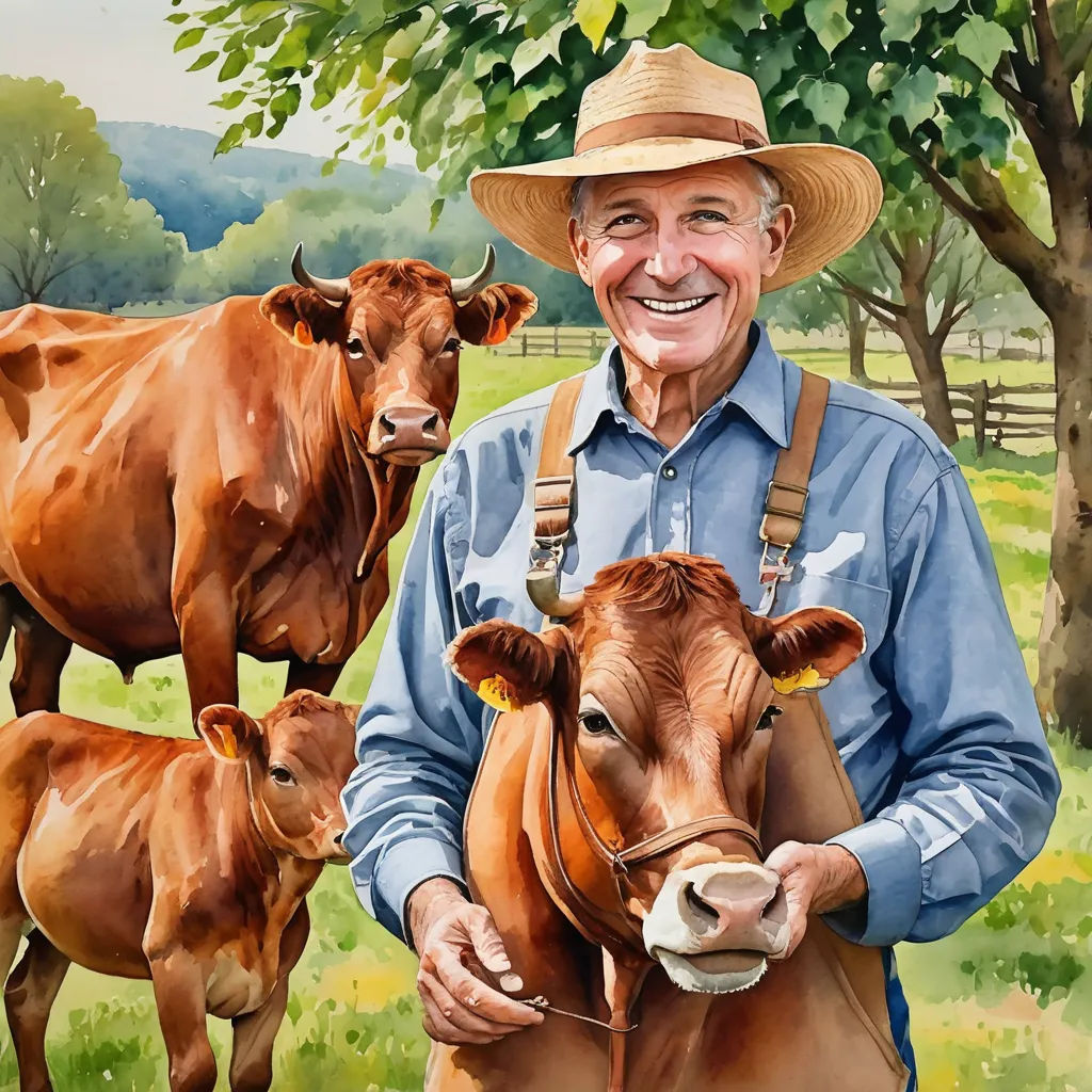 a painting of a man holding a cow in a field with two other cows behind him and a tree, folk art, an airbrush painting, Bob Singer, in gouache detailed paintings