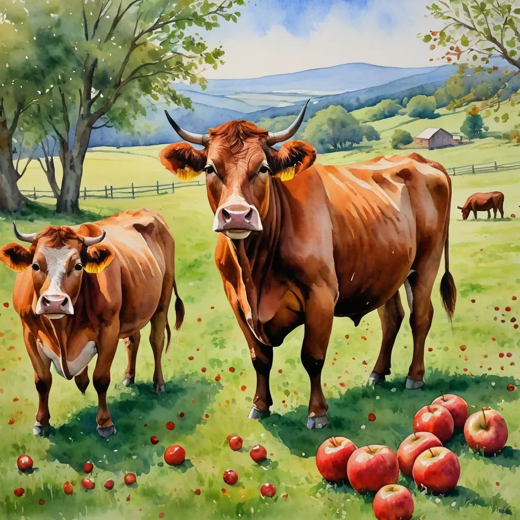 a painting of two cows standing in a field with apples in the foreground and a barn in the background, american scene painting, an airbrush painting, Bessie Wheeler, highly detailed oil painting