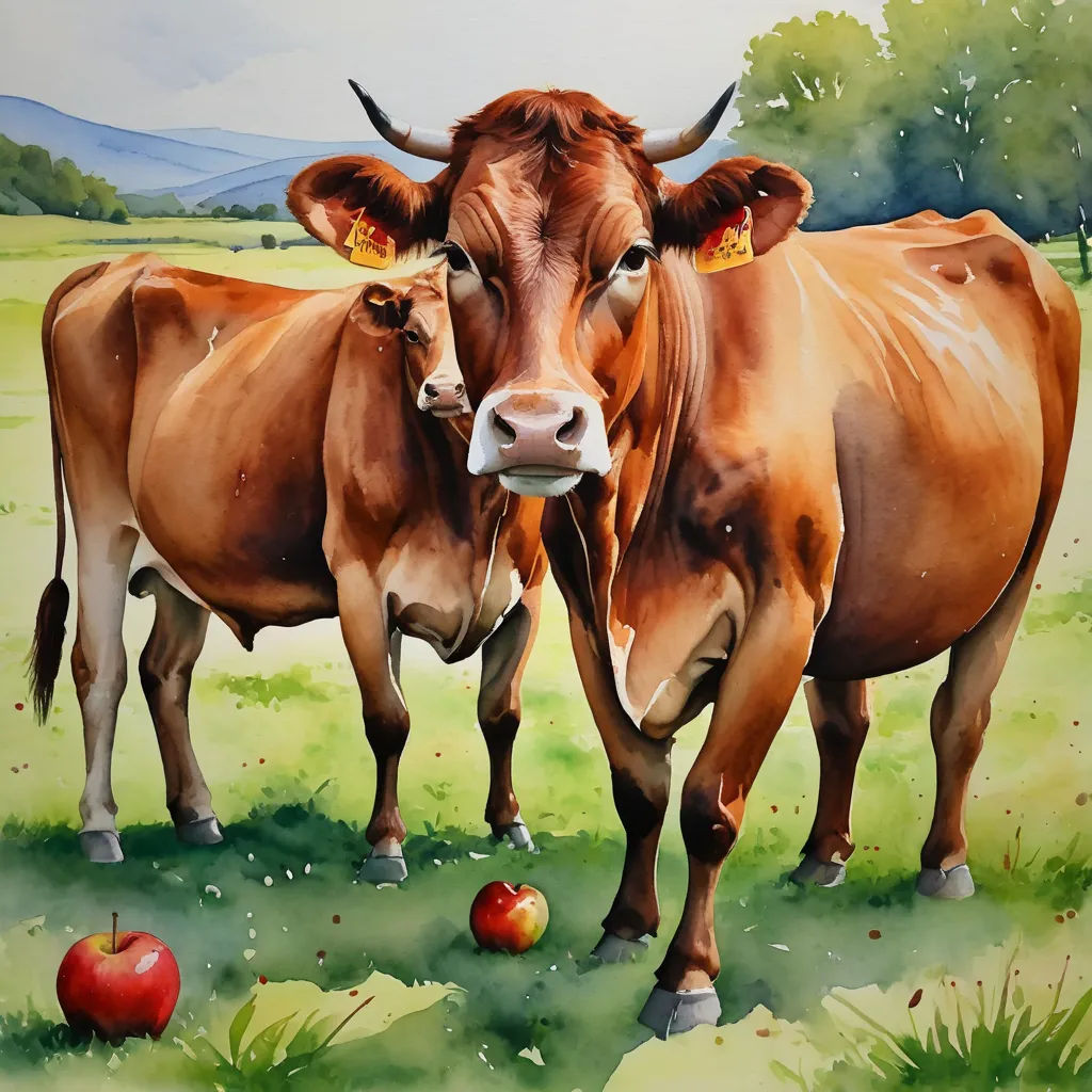 two cows standing in a field with apples in front of them, one is looking at the camera and the other is looking at the camera, figurative art, an airbrush painting, Bessie Wheeler, in gouache detailed paintings