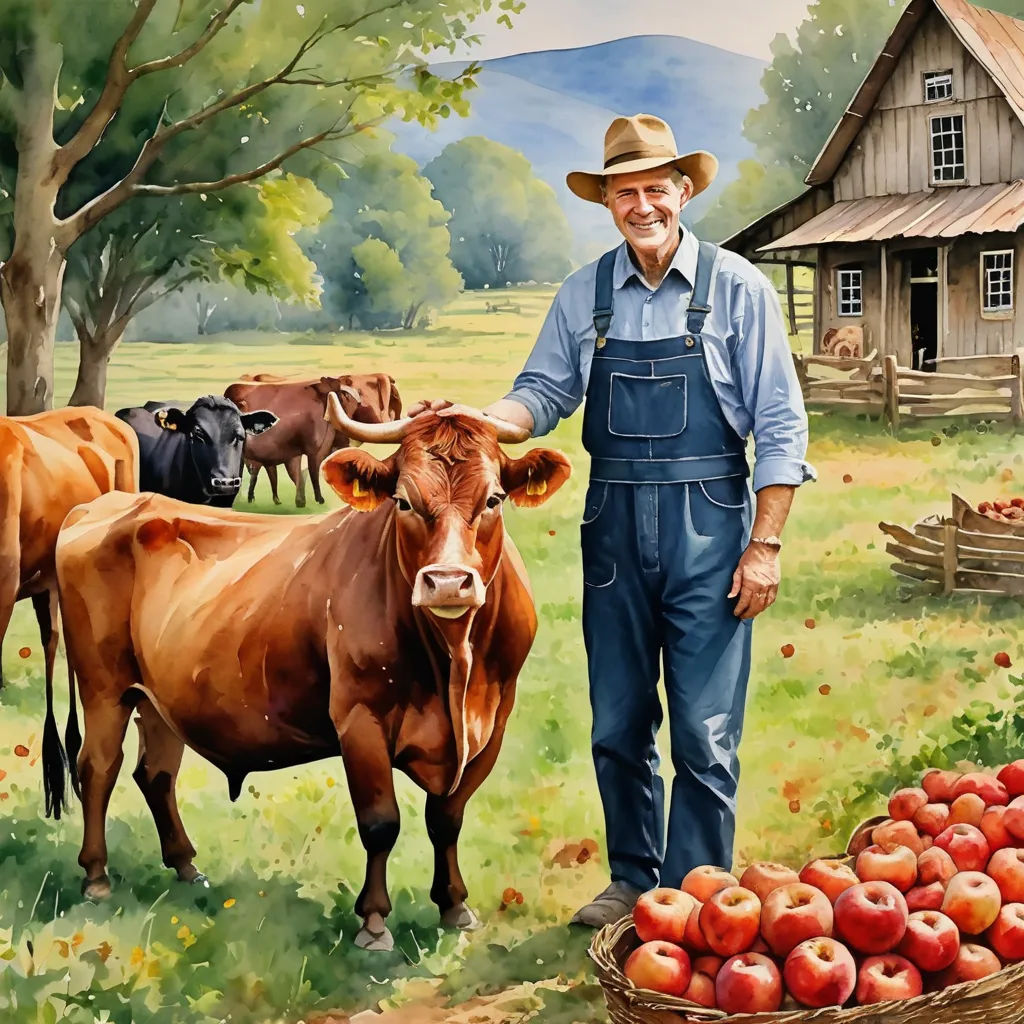 a painting of a man standing in front of a basket of apples with cows in the background and a barn, american scene painting, a storybook illustration, Bob Byerley, highly detailed digital painting