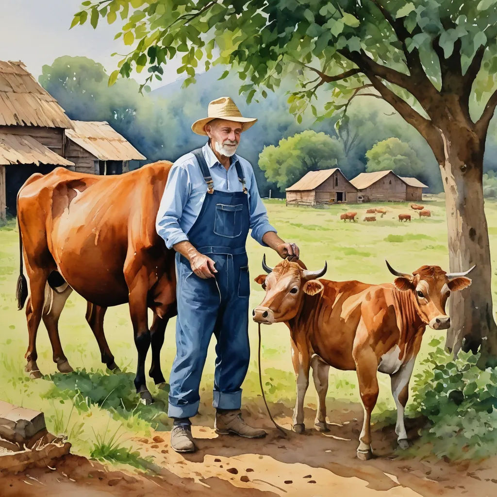 a painting of a man with two cows in a field near a tree and a barn with thatched roof, american scene painting, a storybook illustration, Americo Makk, storybook illustration
