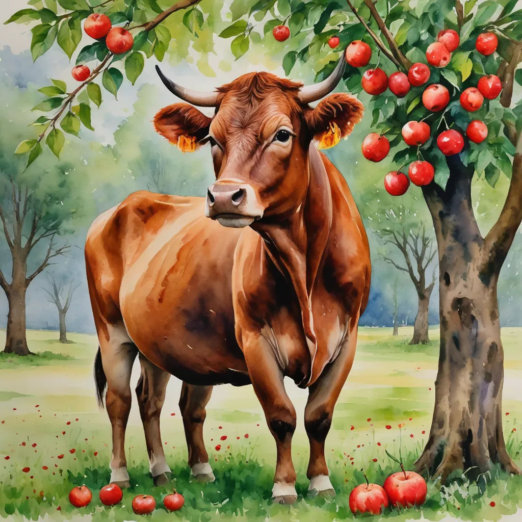 a painting of a cow standing in front of a tree with apples on it's branches and a field of grass and trees with red apples in the background, folk art, an airbrush painting, Bessie Wheeler, highly detailed oil painting