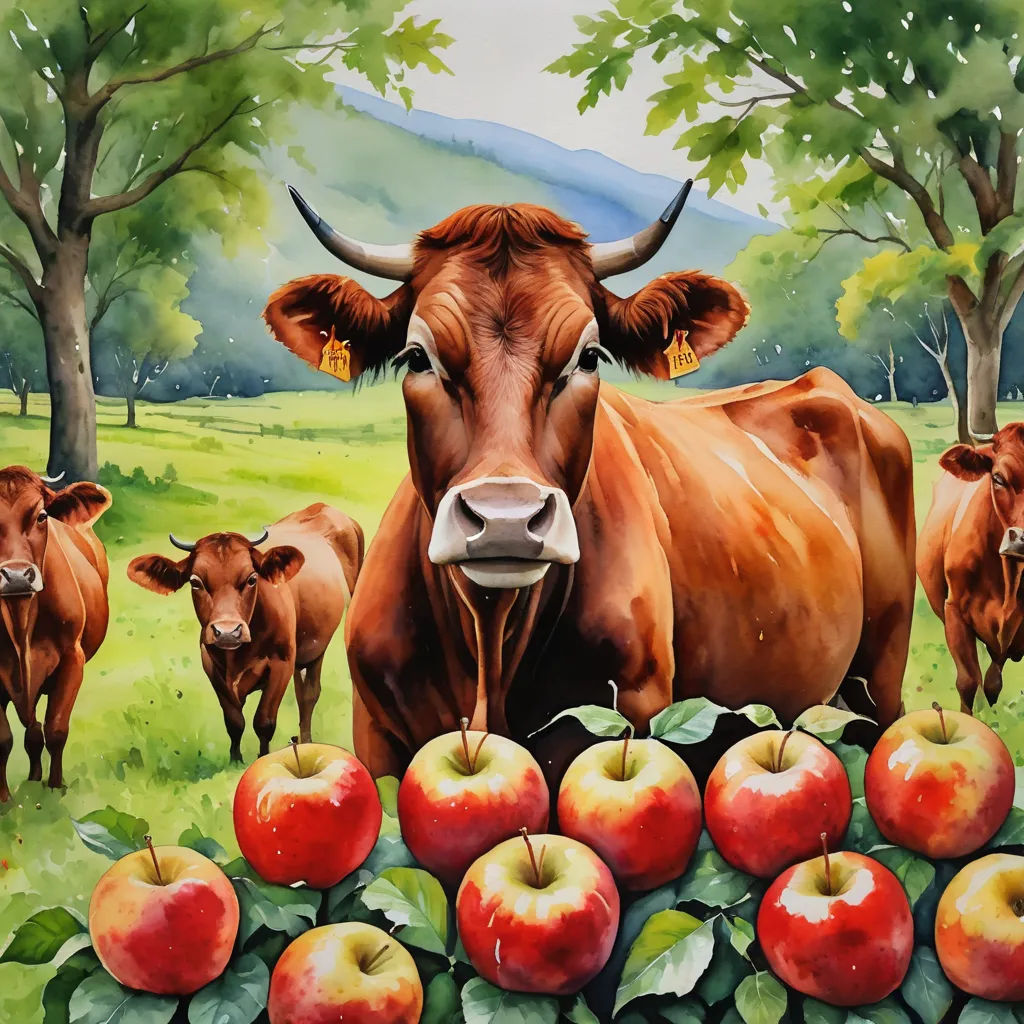 a painting of a cow and some apples in a field with other cows in the background and trees in the background, folk art, an airbrush painting, Bob Ringwood, highly detailed oil painting