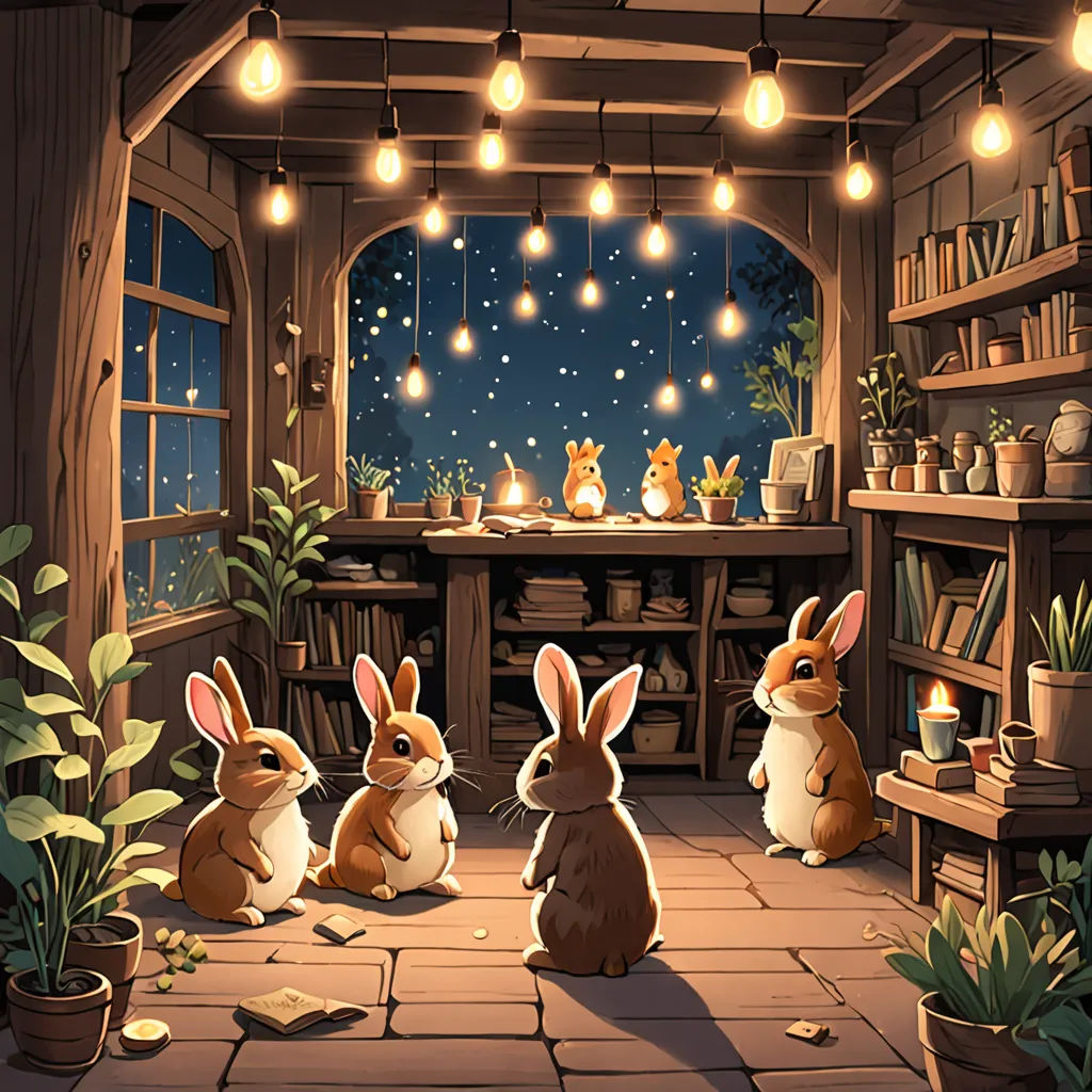 a couple of rabbits sitting on top of a floor next to a window with lights on it and a potted plant, magic realism, a storybook illustration, Beatrix Potter, rossdraws global illumination