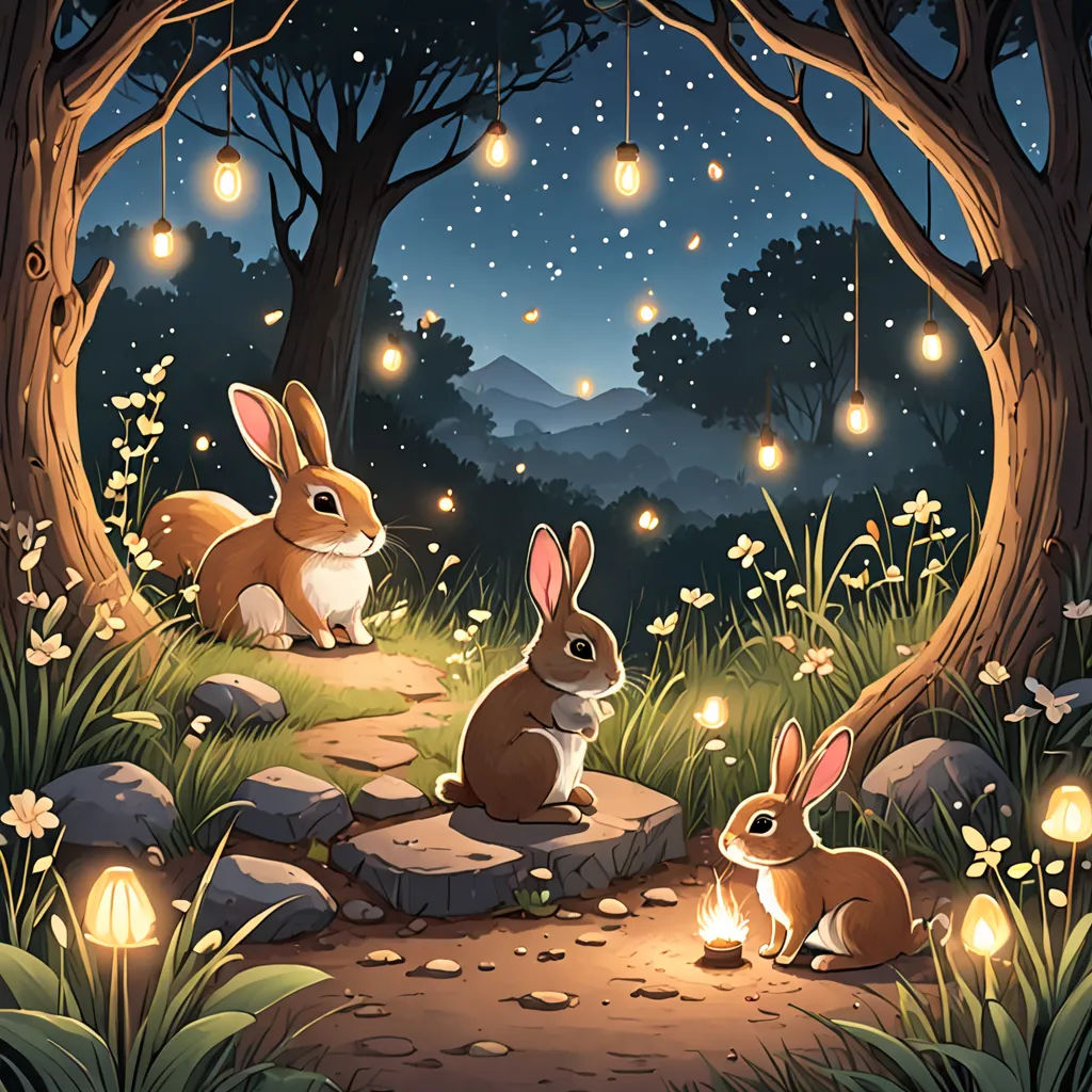 a couple of rabbits sitting on top of a forest floor next to a forest filled with trees and lights, fantasy art, a storybook illustration, Dan Mumford, rossdraws global illumination