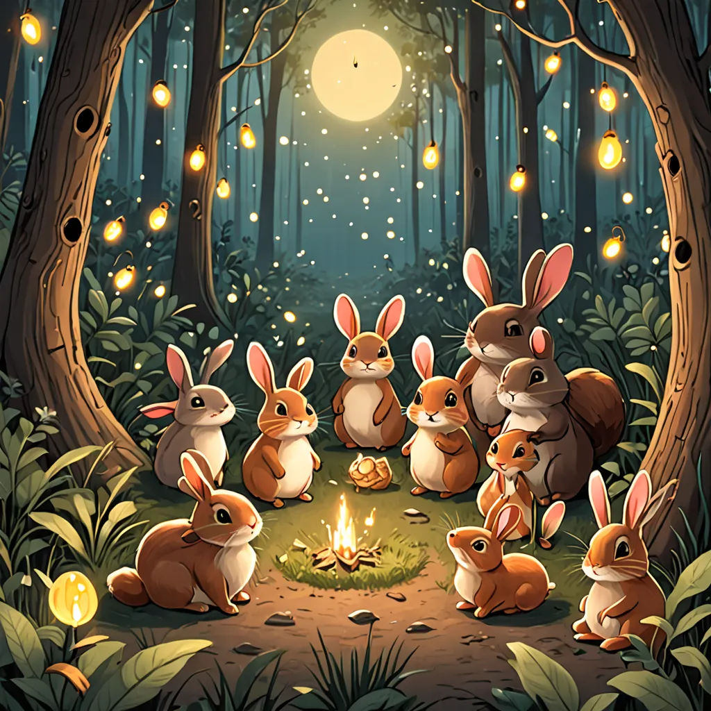 a group of rabbits sitting around a campfire in the woods at night with lights on the trees and a full moon in the sky, fantasy art, a storybook illustration, Dan Mumford, rossdraws global illumination
