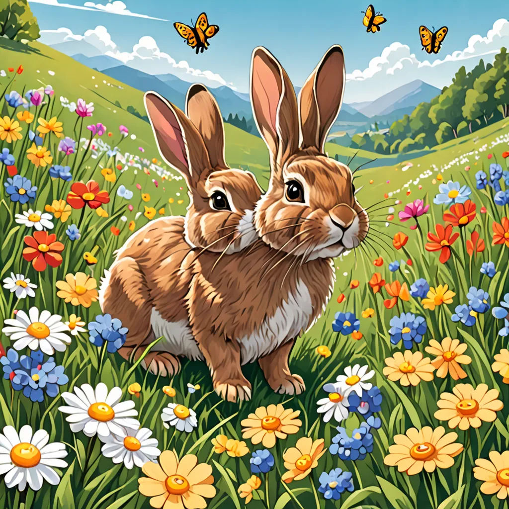 a painting of two rabbits in a field of flowers and butterflies with a butterfly in the background and a butterfly in the foreground, naive art, computer graphics, Beatrix Potter, official art