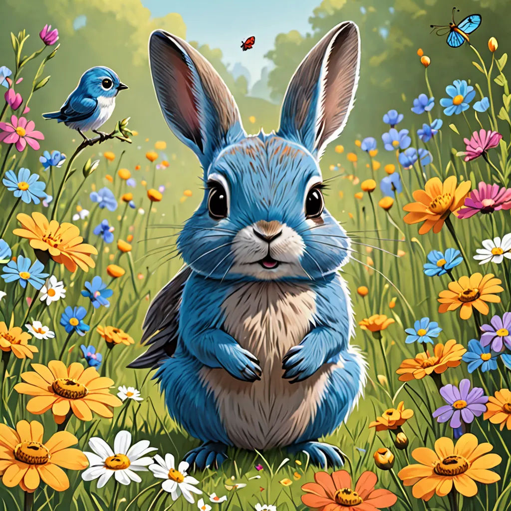 a blue bunny sitting in a field of flowers with a bird on its back and a blue bird on its shoulder, furry art, a character portrait, Chris LaBrooy, behance hd