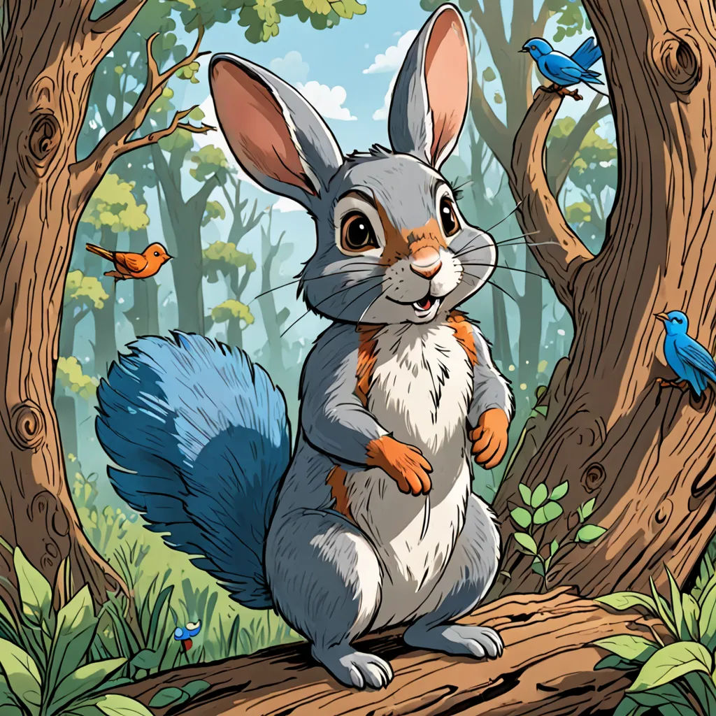 a cartoon rabbit standing on a log in the woods with a bird flying around him and a bird on the tree, furry art, a storybook illustration, Chris LaBrooy, josan gonzales and dan mumford