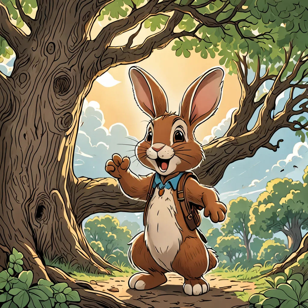 a rabbit standing in front of a tree with a backpack on it's back and a sky background, furry art, a storybook illustration, Dan Mumford, rossdraws global illumination