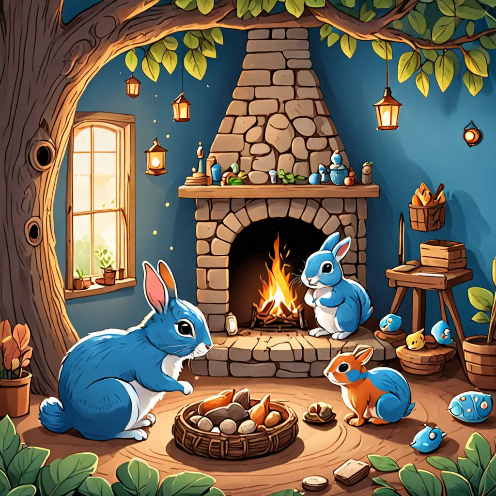 a cartoon scene with rabbits and a fireplace in a room with a stone fireplace and a stone hearth with a lit candle, fantasy art, a storybook illustration, Chris LaBrooy, storybook illustration