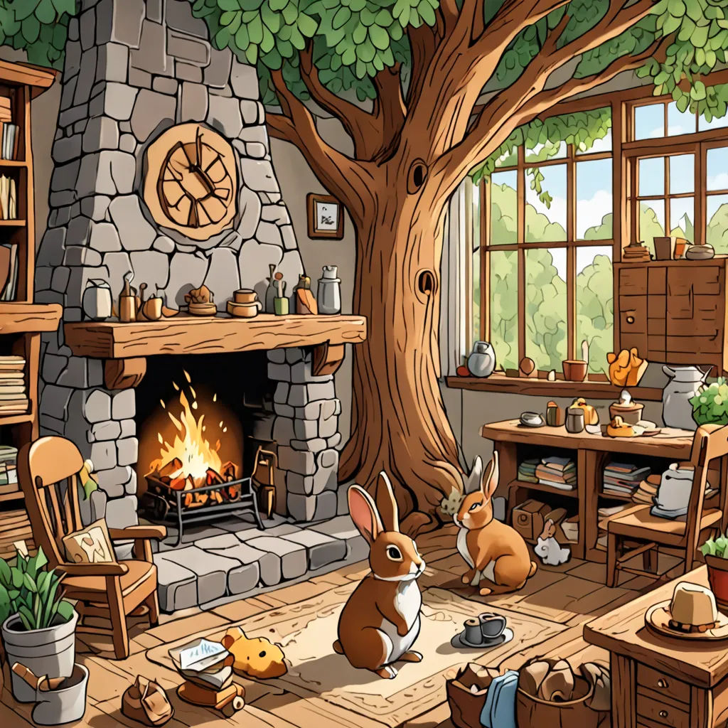 a room with a fireplace, a chair, a table and a clock on the wall and a fireplace with a clock on it, fantasy art, a storybook illustration, Beatrix Potter, storybook illustration
