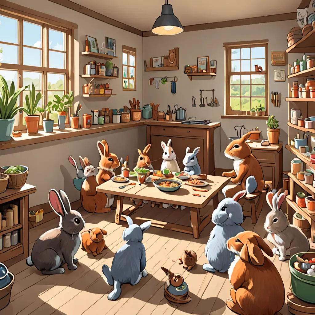 a group of rabbits sitting around a table in a kitchen with a potted plant on the table and a potted plant on the floor, furry art, a storybook illustration, Beatrix Potter, storybook illustration