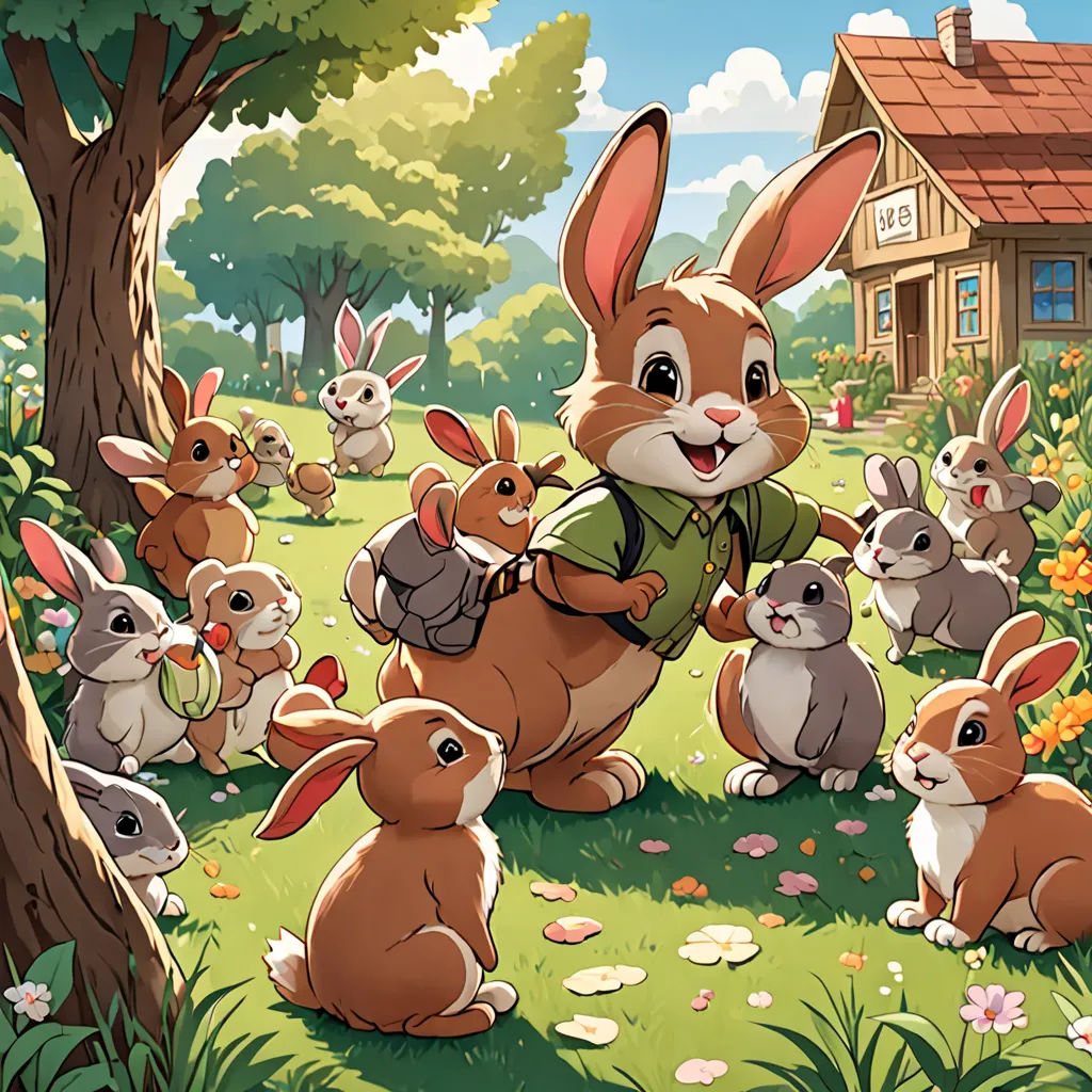 a cartoon rabbit with many rabbits in a field of grass and flowers, with a house in the background, furry art, a storybook illustration, Chris LaBrooy, official art