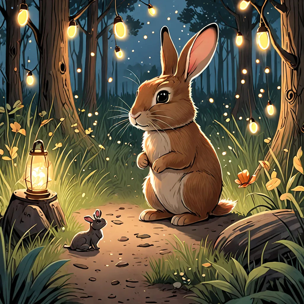a rabbit sitting on a path in the woods with a lantern in the background and a rabbit standing on a path, magic realism, a storybook illustration, Dan Mumford, rossdraws global illumination