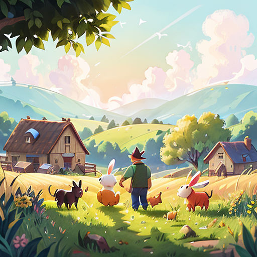 a man is walking through a field with animals and a dog in front of him and a house in the background