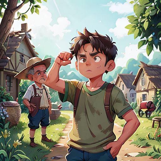 a boy and a boy in a village with a tree and a house in the background, and a boy in a hat and a backpack standing in the foreground