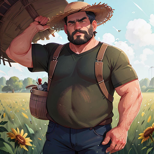 a man with a hat and a basket in a field of sunflowers with a windmill in the background