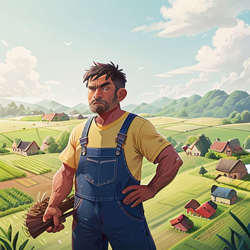 a man standing in front of a painting of a farm land with a farmer holding a bundle of hay